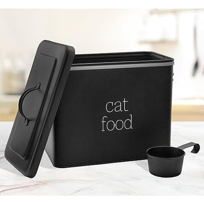 AuldHome Design Farmhouse Cat Food Container (Black) Enamel Look Rustic Cat Food Bin with Scoop