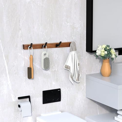 17 Inch Walnut Wood Wall Mounted Coat Rack with 4 Black Hooks, Adhesive Mounted Entryway Hooks, Modern Natural Wooden Pegs for Hanging Coat Clothes Hat Bag Purse Key and Towel - color: Coat Rack with 4 Hooks