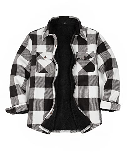 ZENTHACE Men's Warm Sherpa Lined Plaid Shirt Jacket - color: Buffalo Plaid Black and White, size: Small