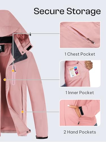 Womens Waterproof Rain jacket Lightweight Raincoat with Removable Hood - color: Pink02, size: Large