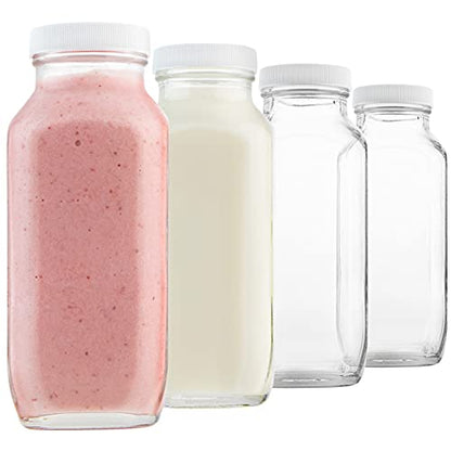 kitchentoolz 16oz Glass Milk Bottles with Lids – 16 oz Reusable Glass Bottles for Milk, Creamer, Juice, Smoothies, Kefir & Yogurt – Airtight Square Drinking Jars for Lunch Box & Fridge – 4 Pack - color: 16oz, style: 4 Pack