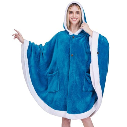 PAVILIA Hooded Blanket Poncho, Fleece Wearable Shawl Wrap Throw, Sea Blue | Fleece Shawl Wrap with Hood, Adult Wearable Blanket, Cozy Warm Poncho Cape Throw with Pockets, Gift for Elderly Mom - color: Sea Blue