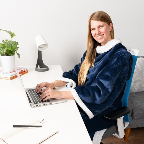 PAVILIA Sherpa Wearable Blanket with Sleeves and Pocket, Plush Thick Cozy Body Blanket Wrap for Adult Women Men, Christmas Gift for Wife Mom, Navy Blue - color: Navy