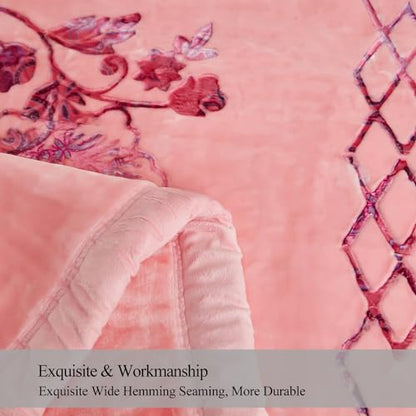 JML Raschel Fleece Heavy Blanket King, 87" x 94", Flowers Branches Pink | Korean Style, 2 Ply, A&B Printed, Embossed, Silky Soft, Cozy ,Thick, Warm for Winter - color: Flowers Branches Pink