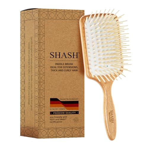 Made in Germany - SHASH Large Paddle Hair Brush, Thick And Curly Hair - Detangler With Long Pins & Rubber Cushion - Helps Detangle Knots, Eliminate Frizz, Reduce Pulling & Snagging - size: Large