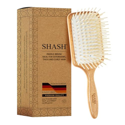 Made in Germany - SHASH Large Paddle Hair Brush, Thick And Curly Hair - Detangler With Long Pins & Rubber Cushion - Helps Detangle Knots, Eliminate Frizz, Reduce Pulling & Snagging - size: Large