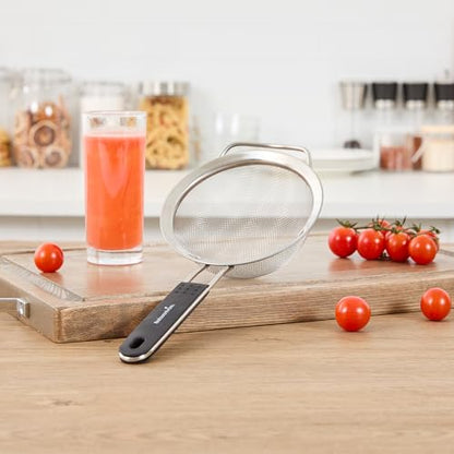 Restaurantware Fine Mesh Strainer 1 Count 12.6" x 5.5" x 2.3" with Silicone Handle Stainless Steel Extra Fine Mesh Strainer Heat-Resistant Handle Dishwasher-Safe for Rice, Quinoa, Pasta - size: Standard, Extra Fine Mesh-5 1/2"