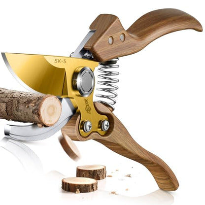 DECERK® 8.5" Premium Bypass Pruning Shears – Wood Grain Finish with Gold Titanium Blade, Japanese SK5 Steel, Balanced Ergonomic Handle for Precise Garden Trimming, Timeless Gardening Companion - style: Premium Woodgrain Clipper