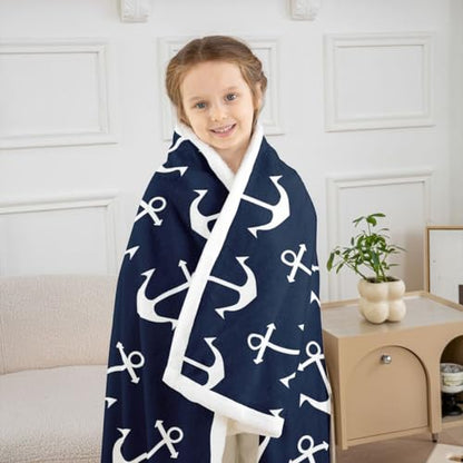 Feelyou Nautical Fuzzy Blanket Anchor Sherpa Throw Blanket Sea Adventure Fleece Throw Blanket Soft Warm Cozy Ocean Theme Plush Blanket Navy Blue 60"X80" - color: Blue White, size: 60" x 80"
