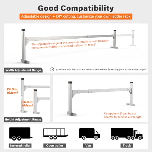 Trailer Ladder Rack Aluminium, Roof Rack for Enclosed Open Trailer - color: Silver