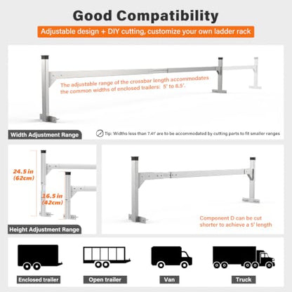 Trailer Ladder Rack Aluminium, Roof Rack for Enclosed Open Trailer - color: Silver