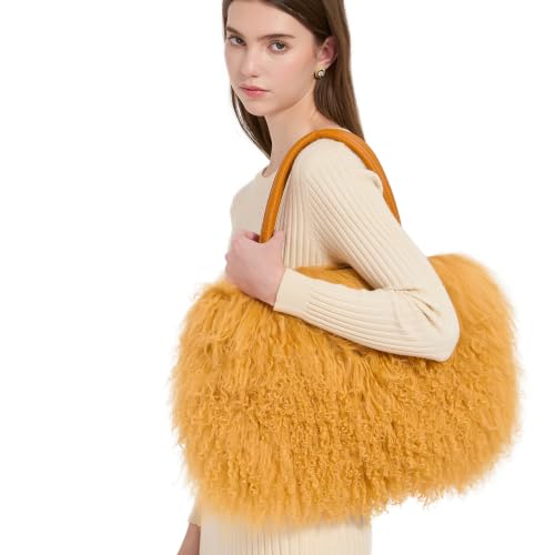 Women Luxury Real Curly Mongolian Lamb Fur Purse - color: Camel