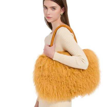 Women Luxury Real Curly Mongolian Lamb Fur Purse - color: Camel