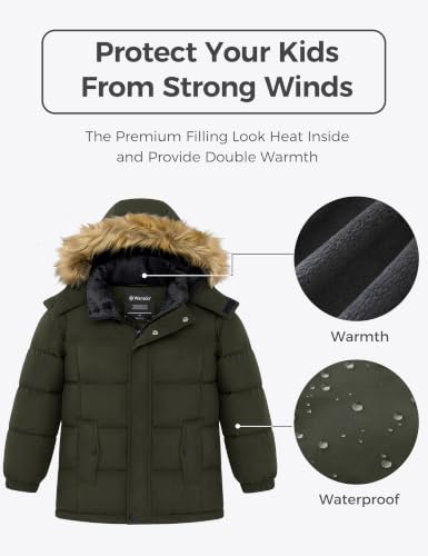 wantdo Boy's Winter Puffer Coats Thick Warm Snow Jacekets Detachable Hood | Removable Faux Fur, Fleece Lining, Windproof, Machine Washable - color: Army Green, size: 10-12