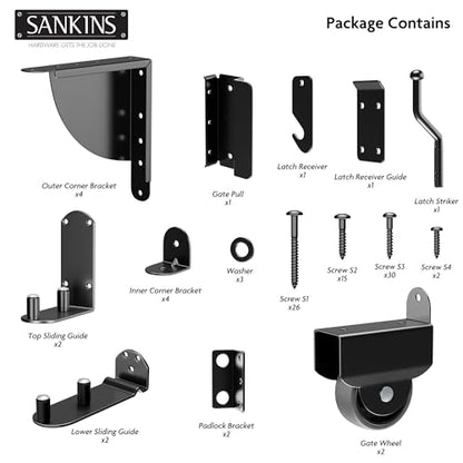 Heavy Duty Sliding Gate Kit, Adjustable Sliding Gate Hardware Kit for Wood Fence, Anti Sag Gate Kit Gate Corner Brace Bracket with Gate Latch, Fence Gate Kit for Driveway Gates, Pool Gates
