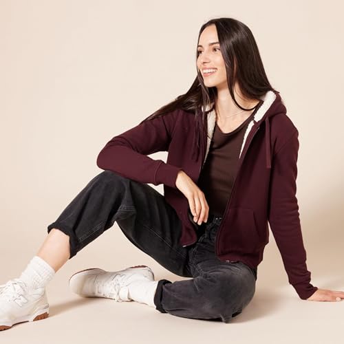 Amazon Essentials Women's Sherpa-Lined Fleece Full-Zip Hooded Jacket with Drawstring (Available in Plus Size) - color: Burgundy, size: Large