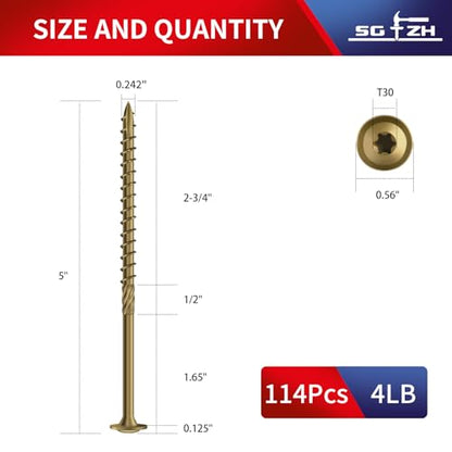 #14 x 5 Inch Lag Screws (114Pcs) 4lb. Structural Wood Screw, Bronze, Carbon Steel, Washer Head, Rust Resistant epoxy Coated, T30 Star Bit - color: Bronze, size: #14 x 5"