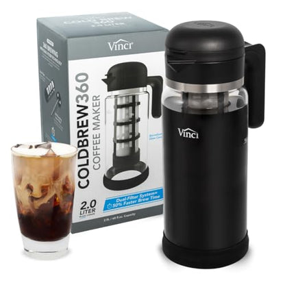 VINCI Cold Brew 360 Dual-Filter Iced Coffee Maker, 68 oz Glass Pitcher - size: 2.0 Liters - Glass Pitcher