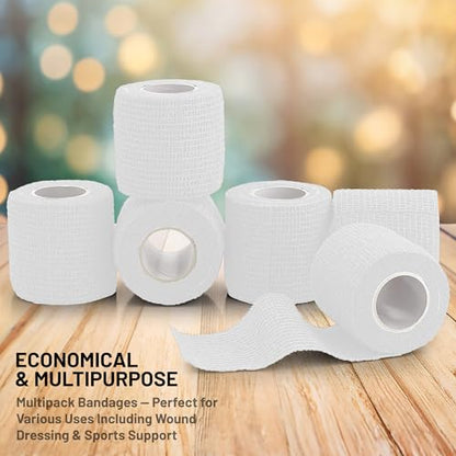 6 Pack, Self Adherent Cohesive Tape - 2” x 5 Yards, Self Adhesive Bandage Rolls & Sports Athletic Wrap for Ankle, Wrist, Knee Sprains and Swelling, Vet Wraps in White Color