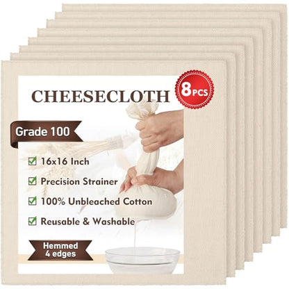 TOPULORS 8-Pack Cheese Cloth, 16x16 Inch Unbleached Cotton Straining Cloth - size: 8 PCS - 16x16 Inch
