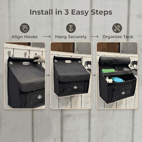 Stall Front Organizer Bag, Black, Multi-Compartment Storage, Horse Grooming Supply Holder with Top Loading Design