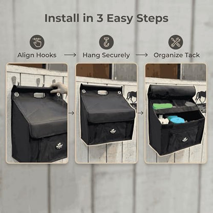 Stall Front Organizer Bag, Black, Multi-Compartment Storage, Horse Grooming Supply Holder with Top Loading Design