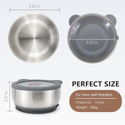 MR. CHOU Baby Bowls with Non-Slip Silicone Suction Cup, Insulated Double-Layer 18/8 Stainless Steel Toddler Bowls with BPA Free Airtight Lids, Food-Grade Silicone Safe for Kids (Gray) - color: Gray