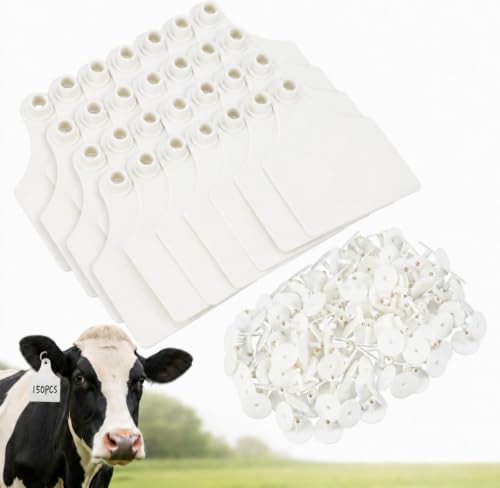 150 Pcs Blank Cattle Ear Tags, 3.9" x 3" Large Plastic Livestock ID Cards with Pins, Weatherproof Unnumbered Marker Cattle Tags for Cow, Calf, Goat and Pig Management (White)