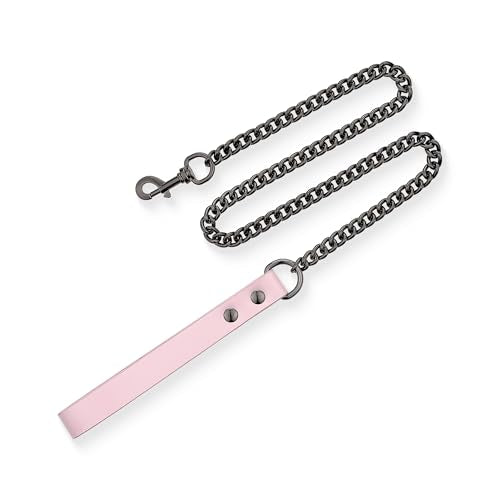 38" Aluminum Chain Leash with Leather Handle for Collar - color: Pink&Black