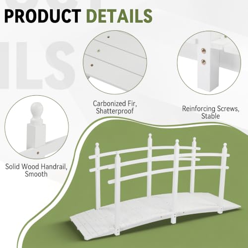 Outvita 7.5 ft Garden Wooden Bridge Arch Stained Finish with Safety Rails Outdoor Footbridge for Backyard Creek Farm, Decorative Pond Bridge - size: 7.5ft-White