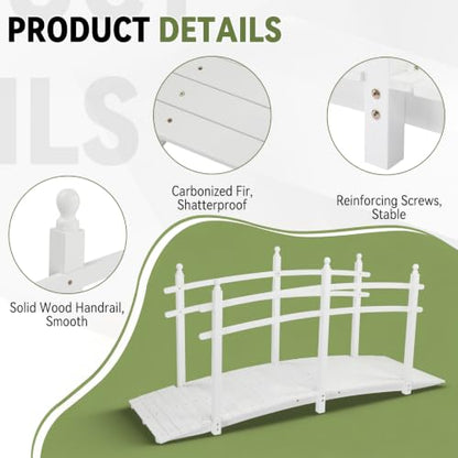 Outvita 7.5 ft Garden Wooden Bridge Arch Stained Finish with Safety Rails Outdoor Footbridge for Backyard Creek Farm, Decorative Pond Bridge - size: 7.5ft-White