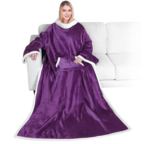 PAVILIA Sherpa Wearable Blanket with Sleeves and Pocket, Plush Thick Cozy Body Blanket Wrap for Adult Women Men, Christmas Gift for Wife Mom, Purple - color: Violet Purple