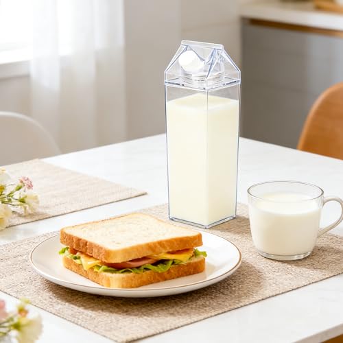 SIBAO 4 Pcs Clear Carton Water Bottles,34oz Plastic Square Milk Box, Leakproof,Portable Milk Bottles for Travel,Camping,and Sports