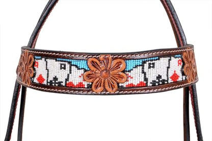 CHALLENGER Horse Western Leather Tooled Headstall Bridle Breast Collar Tack Set 78HRBrowbandSet - color: Aces Beaded