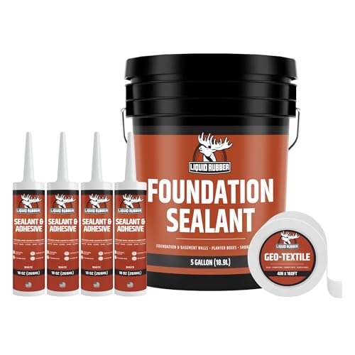 Liquid Rubber Foundation Waterproofing Kit - 5 Gal Sealer, Caulk 4-Pack | Complete Kit: Foundation Waterproof Sealer, 4 - Flexible Crack Filler Caulks, Geotextile Fabric - Indoor/Outdoor, Black - size: 5 Gallon Kit