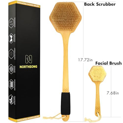 NORTHSONG Body Brush+Face Brush,Deep Cleaning Exfoliating Set,Gift Ready - size: 17.72 Inch back brush+face brush-2Packs