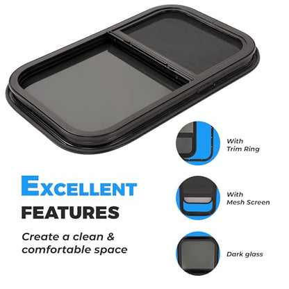 HECASA Universal RV Window 14" W x 22" H W/Trim Ring & Mesh Screen Vertical | Sliding Camper Teardrop Side Replacement Tinted Tempered Glass Aluminium Plastic - size: 14" W x 22" H