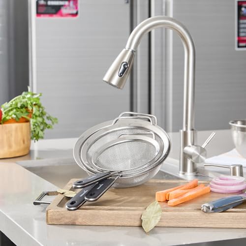 Restaurantware Fine Mesh Strainer Set of 3 Different Sizes with Silicone Handle Stainless Steel Extra Fine Mesh Strainer Heat-Resistant Handle Dishwasher-Safe for Rice, Quinoa, Pasta - size: Standard, Extra Fine Mesh-3-Piece Set