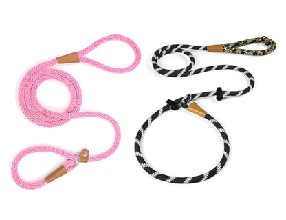 lynxking Dog Leash 1/2in x 5ft Slip Lead Pink and 1/2in x 6ft Slip Lead Reflective Black, 2 Pack