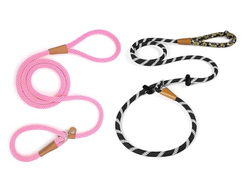 lynxking Dog Leash 1/2in x 5ft Slip Lead Pink and 3/8in x 6ft Slip Lead Reflective Black, 2 Pack