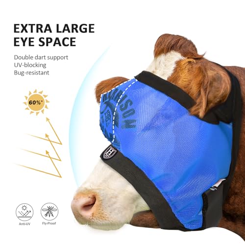 Harrison Howard Cattle Livestock Fly Mask Breathable Mesh Padded Edging with Fun Patterns Large Spacing Forelock Opening Design Adjustable Fit for Cattle Sky Blue - color: Sky Blue