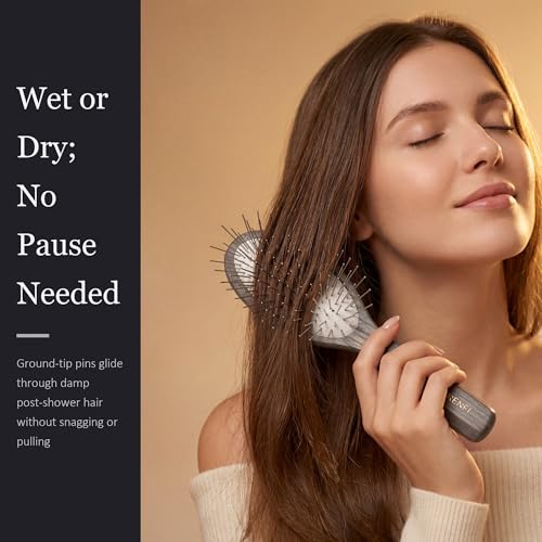TRENFI Metal Pin Hair Brush Carbonized Willow Wood | Ground Tip Ends, Thick Wavy Curly Sections, Scalp Massage Feel, Air Cushion, Daily Detangling, Pressure Control, Low Static