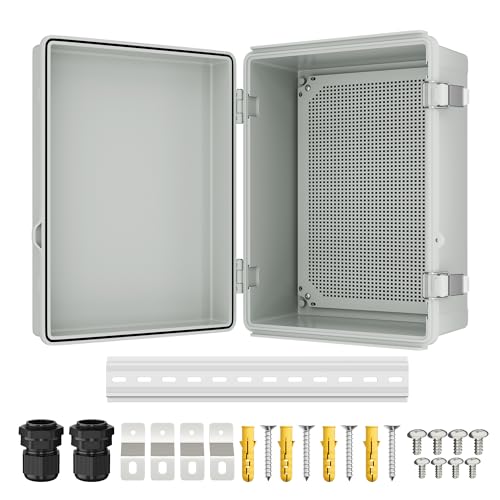 Joinfworld Outdoor WiFi Enclosure 15.7x11.8x7.1 Weatherproof Electrical Box Stainless Steel Latch Hinged Nema 4 Enclosure for Electonics Router Breaker | ABS Electrical Box with DIN Rail, Stainless Latches, Cable Glands for Outdoor WiFi, Circuit Breaker,S