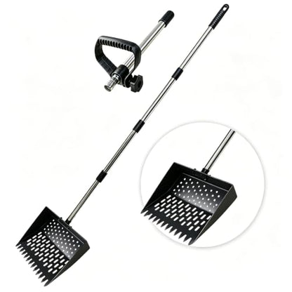 2-in-1 Chicken Poop Scooper & Rake, Telescopic Stainless Steel Handle, Multifunctional Chicken Coop Cleaner for Sand, Bedding and Manure Cleaning