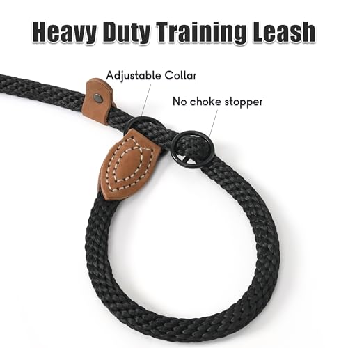 Mile High Life Heavy Duty Slip Lead No Pull Leash w Leather-Reinforced Ends - color: Jet Black, size: 4 Feet