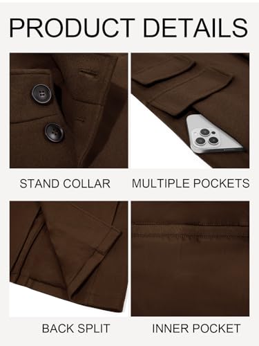 Runcati Mens Pea Coat Single Breasted Mid Long Trench Coat Overcoat | Slim Fit, Stand Collar, Fall Winter, Jacket, Pocket, Warm, Casual, Dress, Business, Christmas Gift - color: Coffee, size: Medium