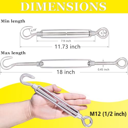 1/2" Turnbuckle Lsqurel 10PCS 304 Stainless Steel Turnbuckle Hook and Eye Heavy Duty M12 Tensioner Adjustable Shade Sail Hardware for Tightening up Metal Cable Wire - style: M12 - 10pcs
