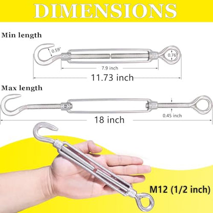 1/2" Turnbuckle Lsqurel 10PCS 304 Stainless Steel Turnbuckle Hook and Eye Heavy Duty M12 Tensioner Adjustable Shade Sail Hardware for Tightening up Metal Cable Wire - style: M12 - 10pcs