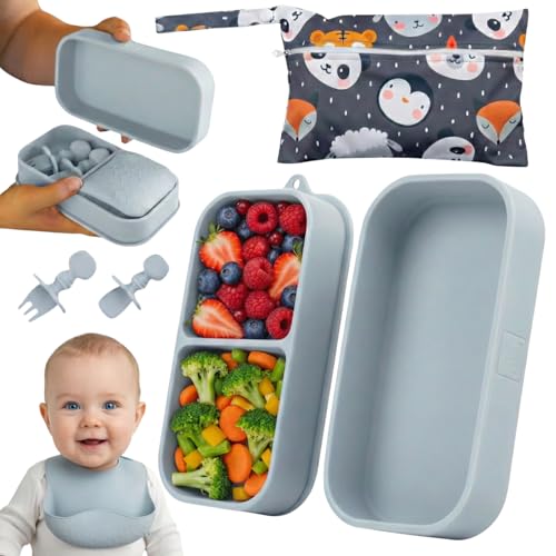 Baby Travel Feeding Set with Silicone Suction Plates, Grey Small - color: Gray