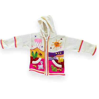 Peruvian Wool Knitted Sweater with hoodie for babies & toddlers, Unisex, Chompas Peruanas, fall winter sweater - color: White and Pink, size: 6 Months